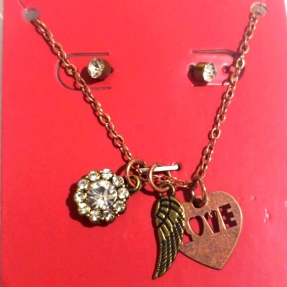 Jewelry - Bronze-tone Love Charm Necklace & Rhinestone Earrings – Romantic Jewelry Set